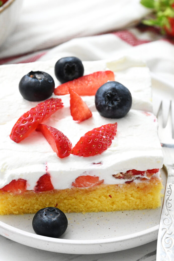 a serving of Easy Strawberry Shortcake Sheet Cake Recipe