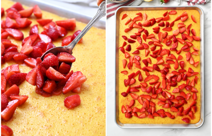 adding sliced strawberries to cake