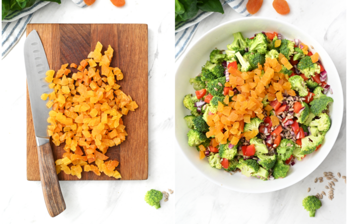 chopping dried apricots for salad