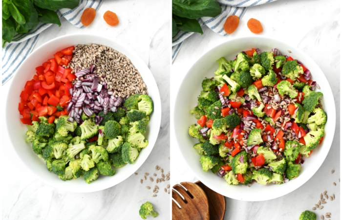 adding sunflower seeds to a salad