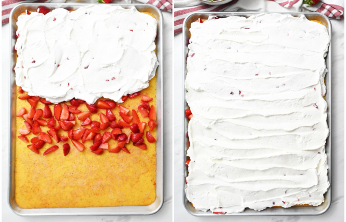 adding strawberries and whipped cream to cake