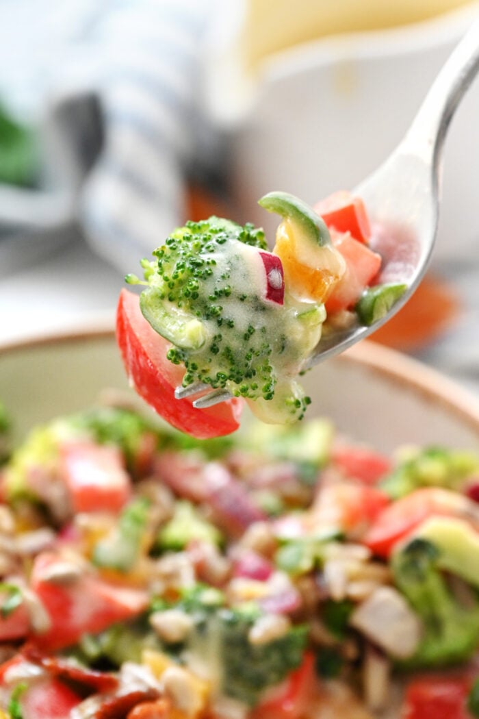 a bite of broccoli salad