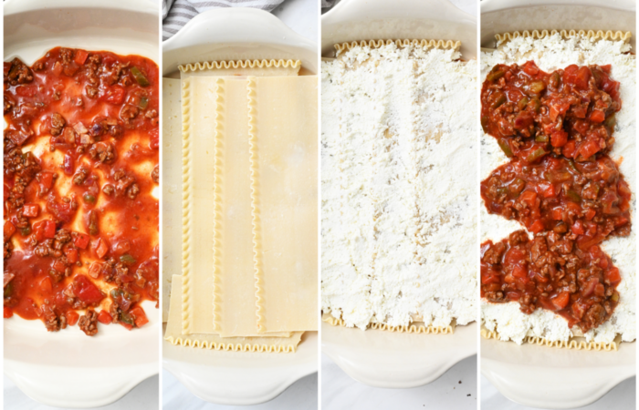adding sauce, noodles and ricotta and meat