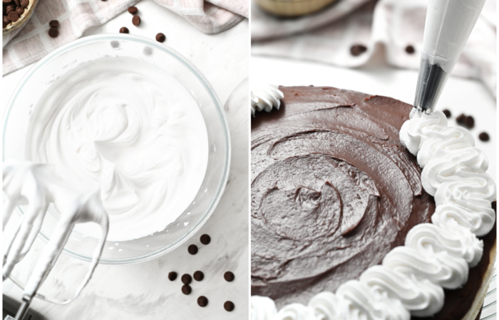 piping cream on a cheesecake