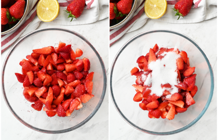 preparing strawberries for cake