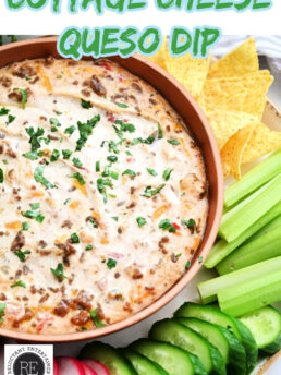 hot Cottage Cheese Queso with chips and crudite