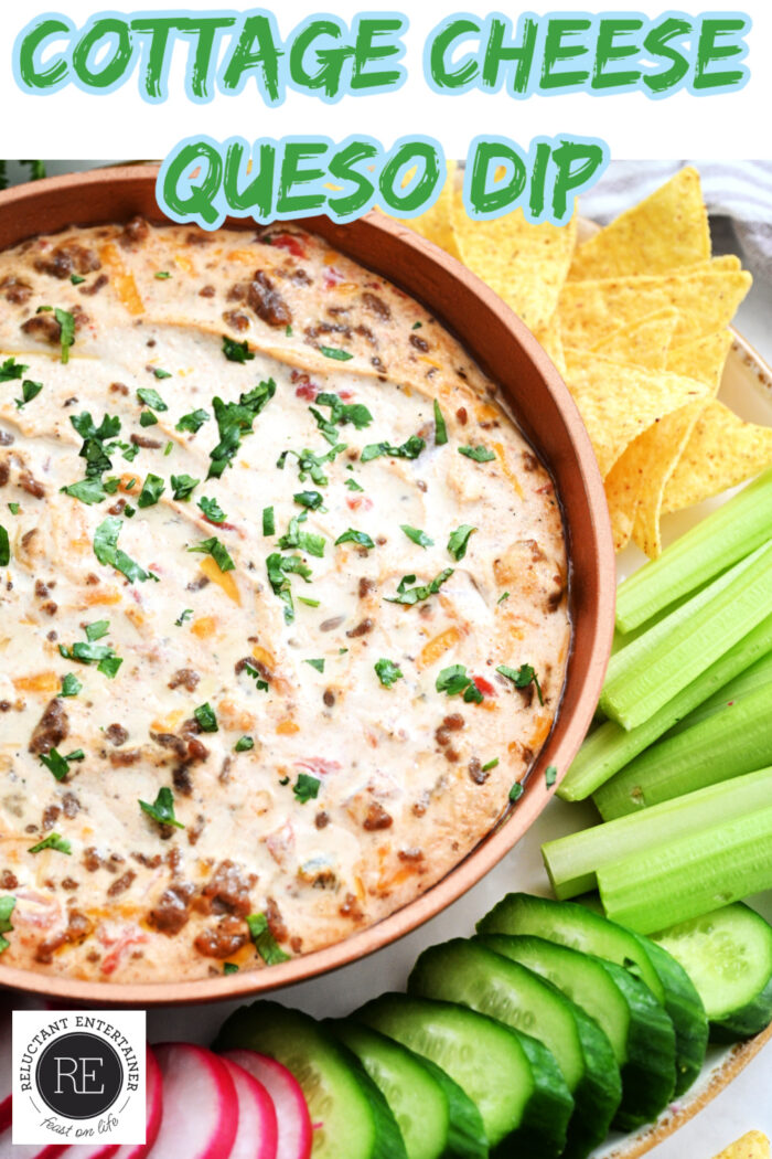 hot Cottage Cheese Queso with chips and crudite