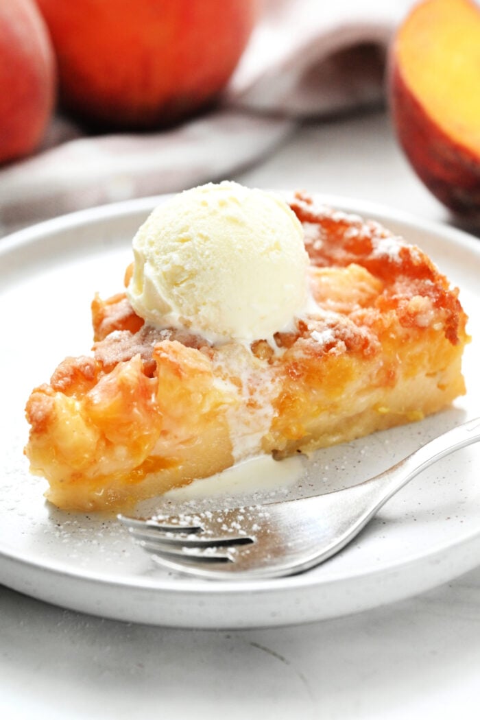 melted ice cream on peaches cake