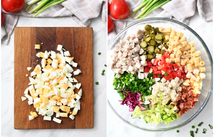 chopping hard cooked eggs and adding to salad