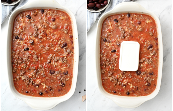 adding feta cheese to orzo beef mixture