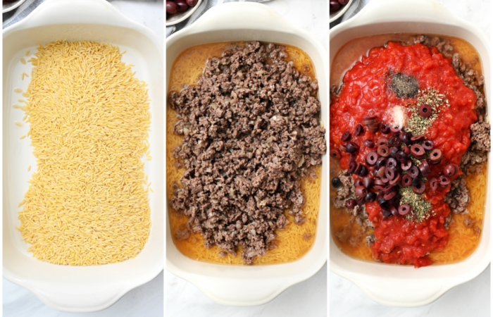 adding orzo, cooked beef, sauce etc.