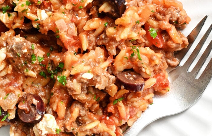 close up Ground Beef with orzo