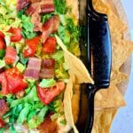 a sturdy chip in a hot bacon dip