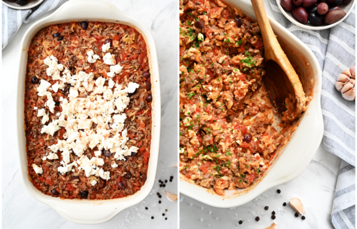 crumbling baked feta with orzo