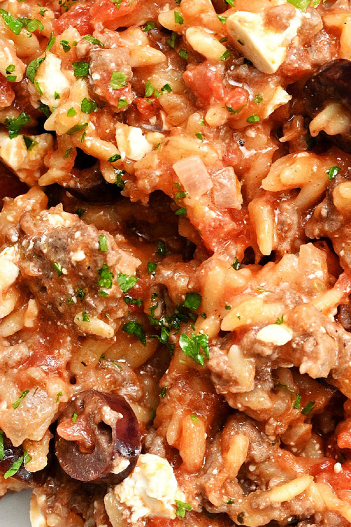 orzo, feta, beef, olives