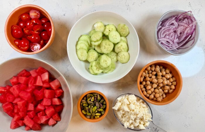 ingredients to make a Watermelon Cucumber Feta Salad