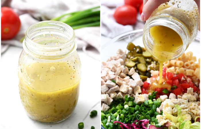 making and adding dressing to a salad