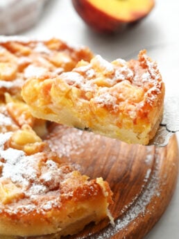 a serving of cake with peaches