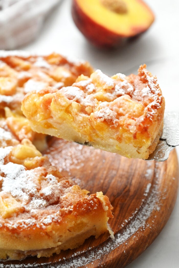 a serving of cake with peaches