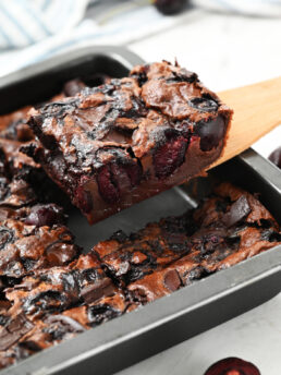 serving Chocolate Clafoutis cake