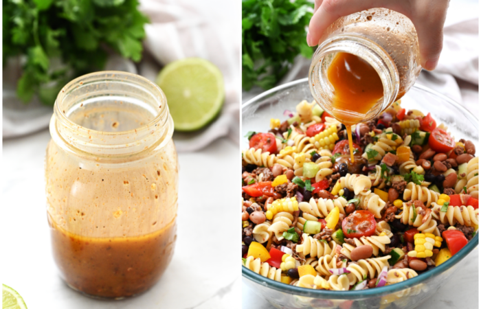 adding dressing to salad