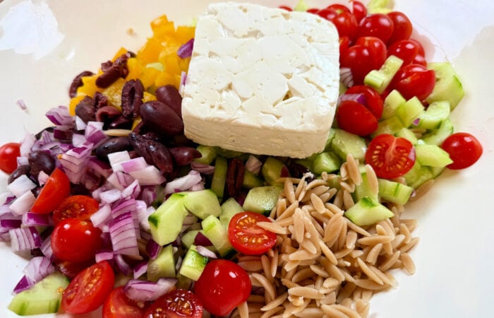 block cheese on salad ingredients