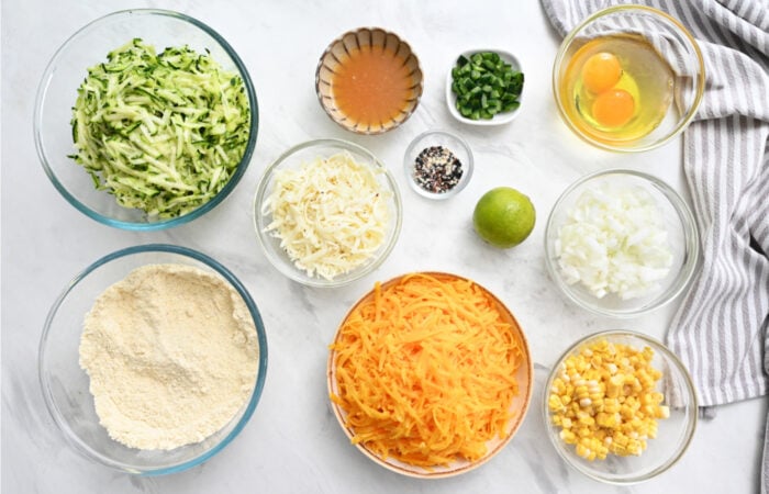 ingredients to make Cheesy Cornbread Zucchini Casserole