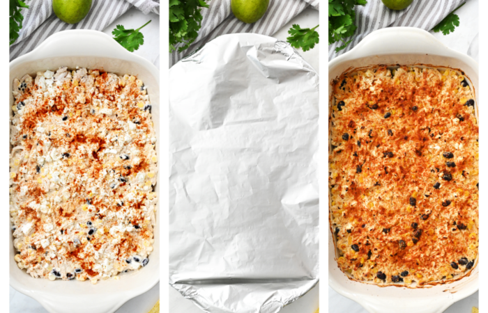 covering chicken casserole with foil and baking