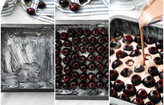 adding cherries to pan