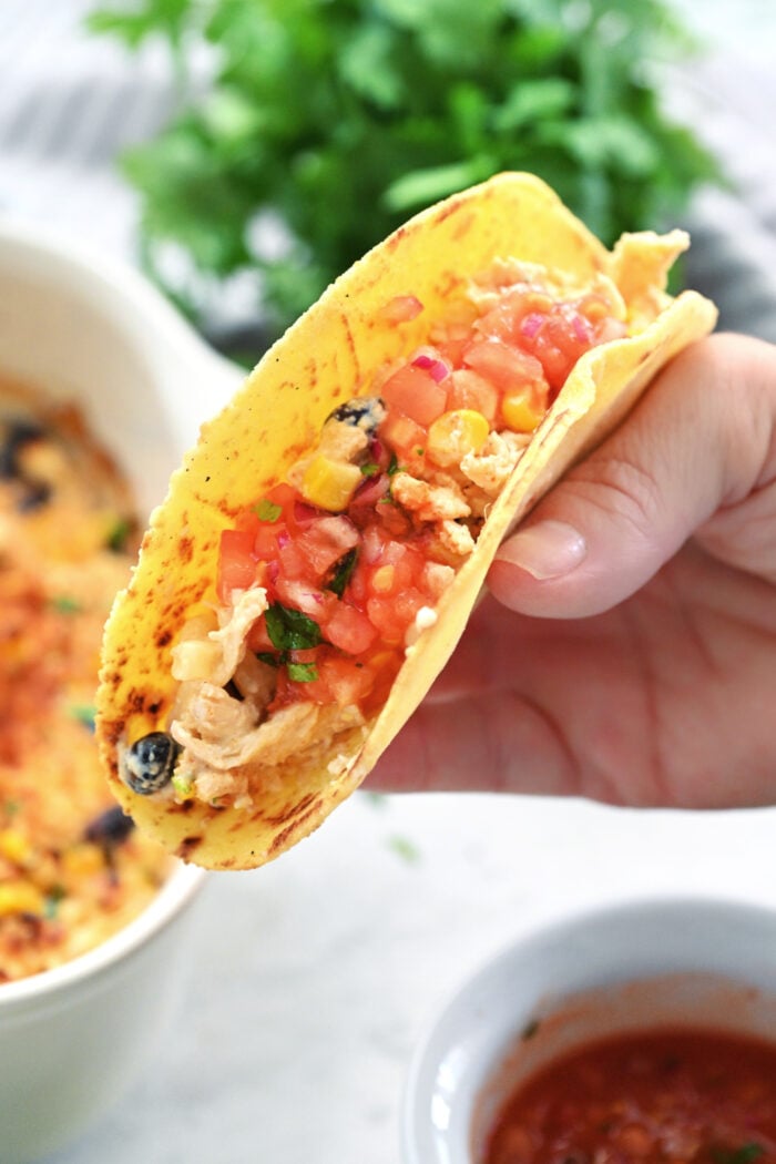 adding Mexican Street Corn Casserole to a taco