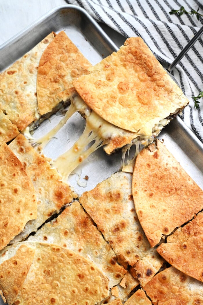French Onion Sheet Pan Quesadilla