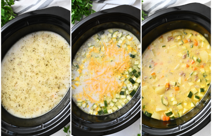 adding broth cheese to crock pot soup