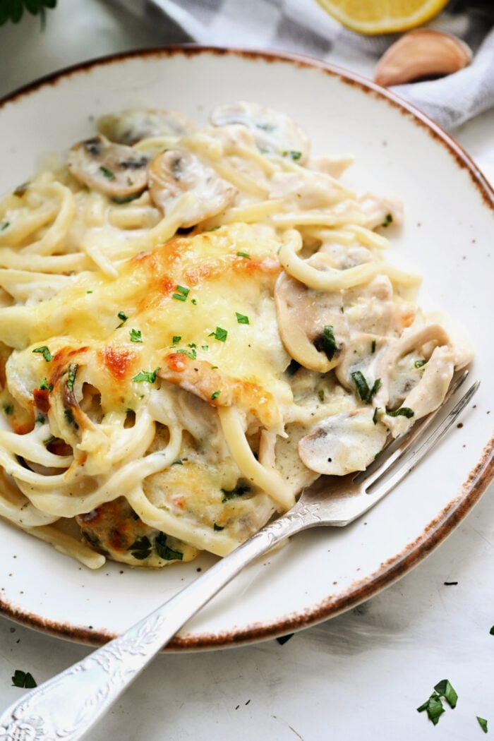 serving Easy Chicken Tetrazzini with pasta