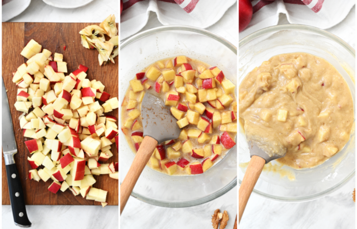 mixing apples in bread batter
