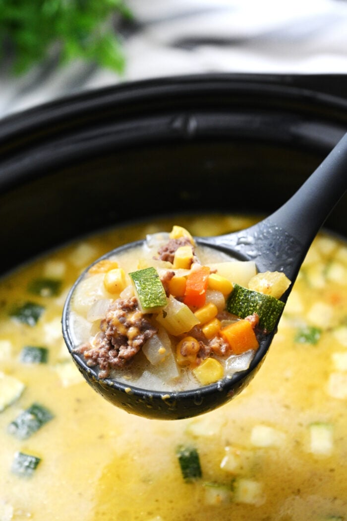 serving Crockpot Hamburger and Potato Soup