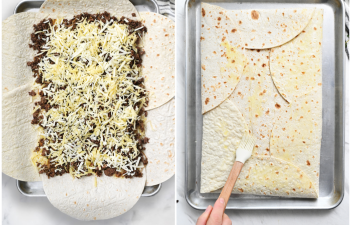 adding ground meat and cheese to tortillas