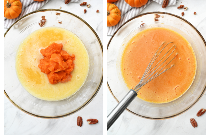 whisking pumpkin in eggs