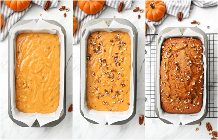 adding pumpkin batter to pans