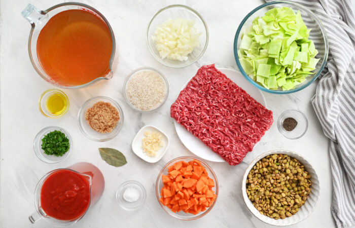 ingredients to make Cabbage Lentil Soup (AKA Cabbage Roll Soup)