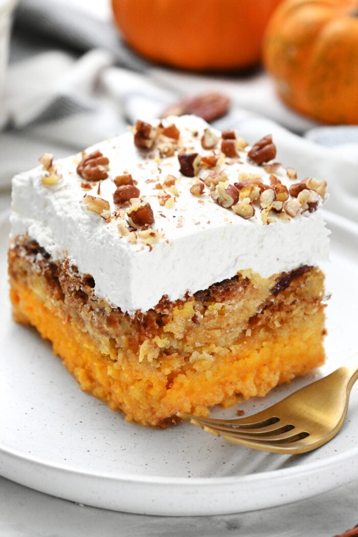 Pumpkin Crunch Cake with cream topping