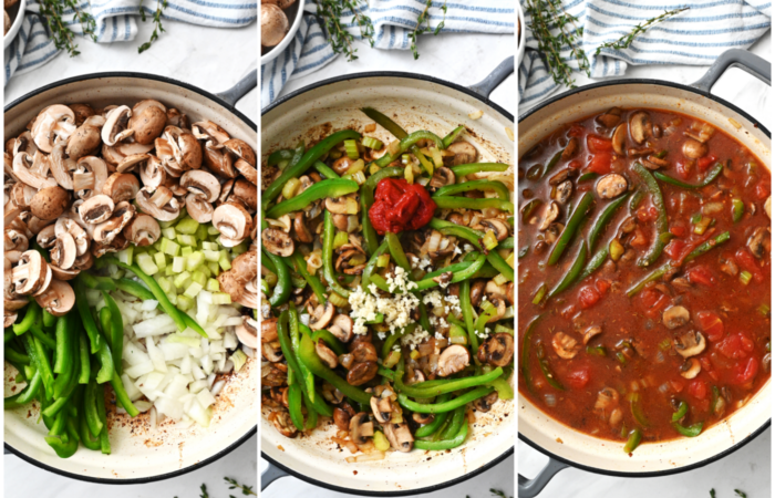 making sauce and veggies